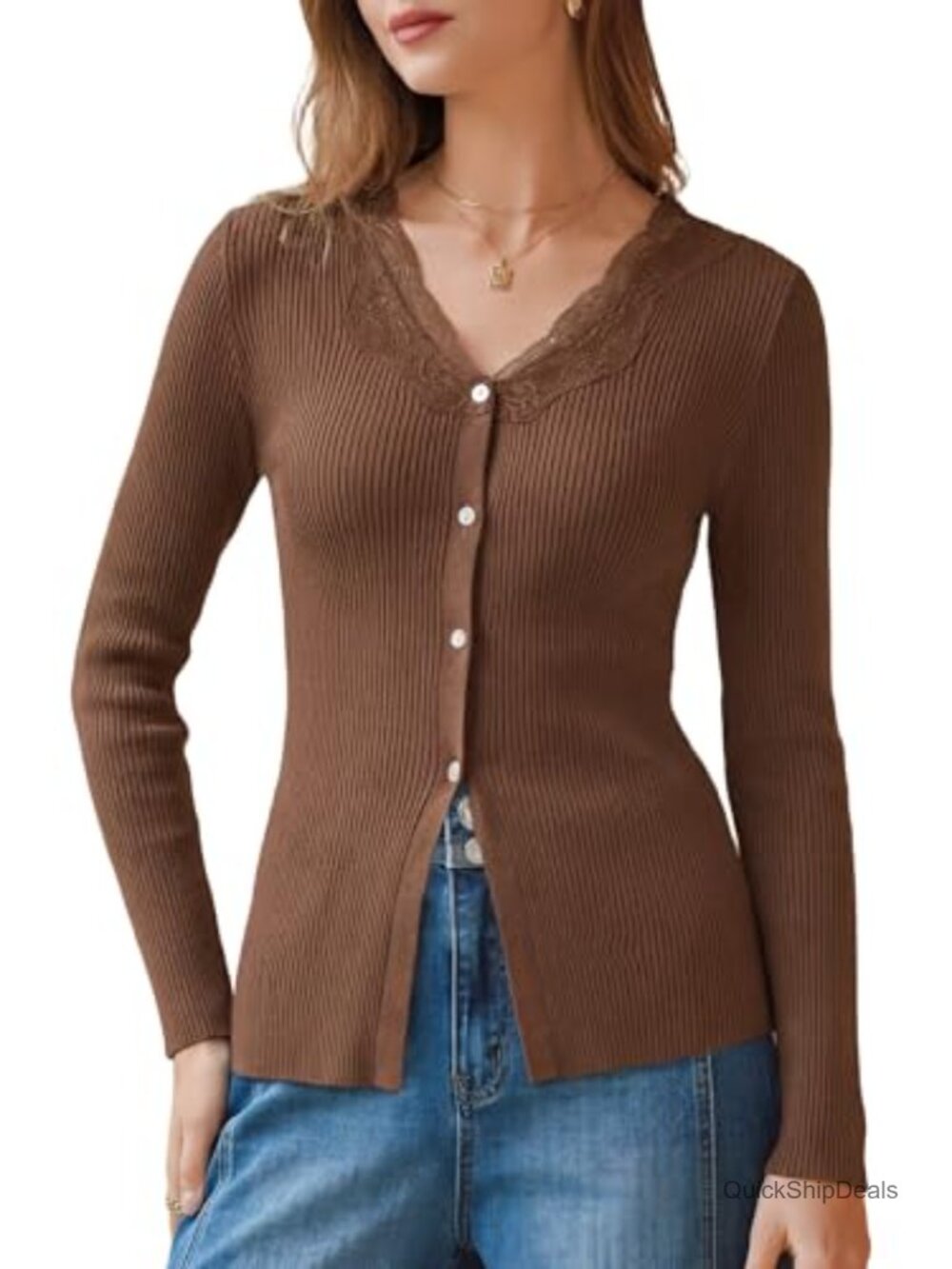 100% Cotton Lace Button Slim Fitted Cardigan Sweater for Women